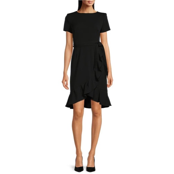 Calvin Klein
Boat Neck Short Sleeve Belted Ruffle Hem Faux Wrap Dress - Picture 1 of 12